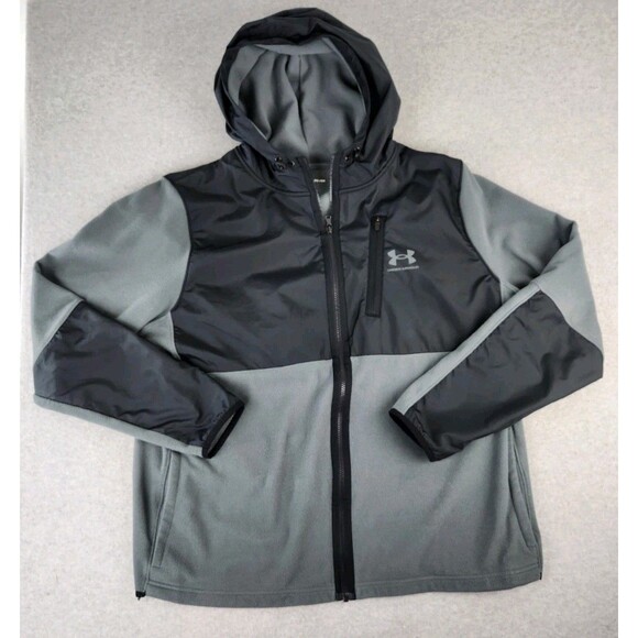 Under Armour 2XL Men Coldgear Infrared‎ Fleece Full Zip Hooded Gray Black - Picture 1 of 15